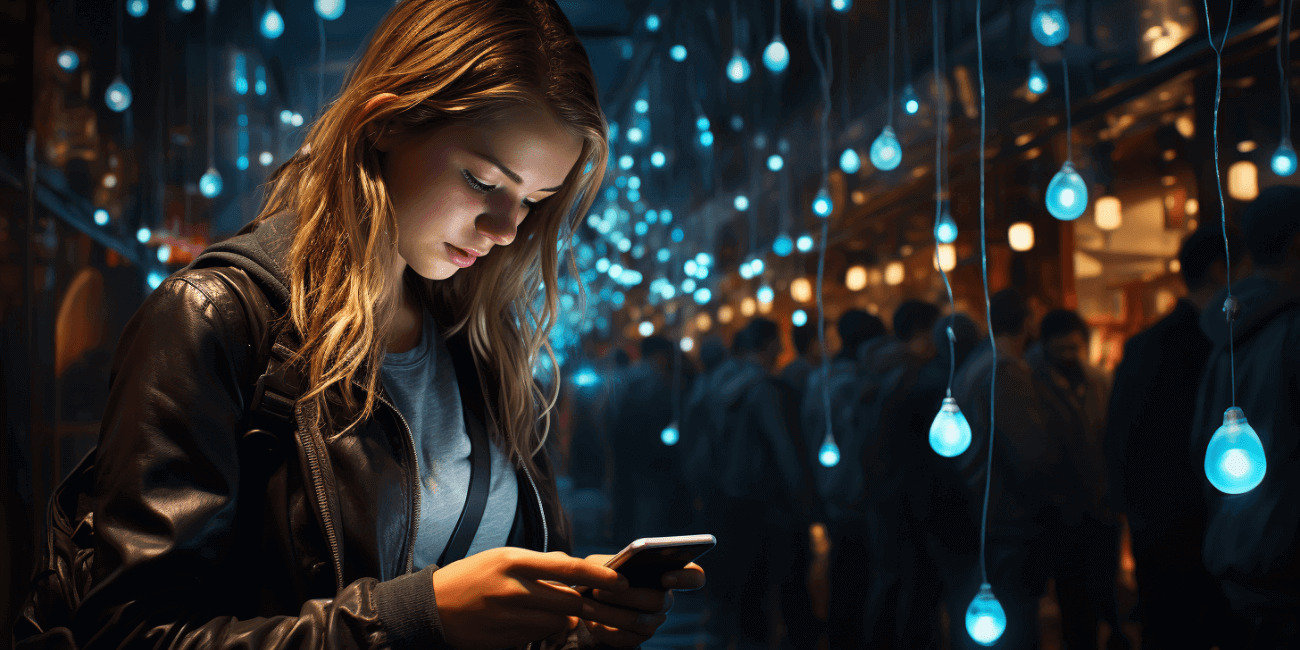 A young girl looking into her smartphone in a night city area